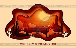 Пейзаж мексиканской пустыни, вырезанный из бумаги, кактусы, песок - изображение в векторе