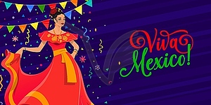 Viva Mexico banner with dancing woman and confetti - vector clip art