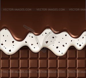 Реалистичная шоколадная крошка, тающие капли, шоколадный батончик - изображение в векторном виде