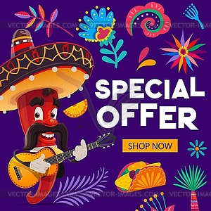 Mexican holiday special offer banner with mariachi - vector clipart