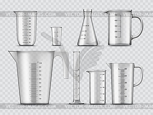 Measure glass cups, containers, laboratory beakers - vector image