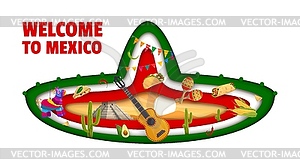Мексиканское сомбреро, вырезанное из бумаги, Добро пожаловать в Мексику - векторная иллюстрация