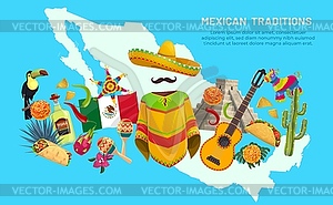 Mexican map with Tex Mex cuisine, animals, flowers - vector clip art