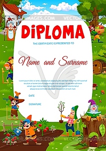 Kids diploma with cartoon fairytale funny gnomes - vector image