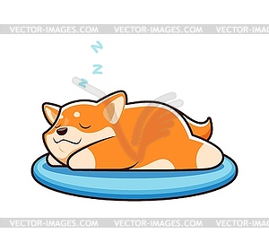 Cartoon Shiba Inu dog sleeping in bed, kawaii pet - vector image