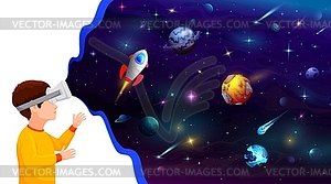 Boy kid in VR helmet dream of galaxy space flight - vector clip art