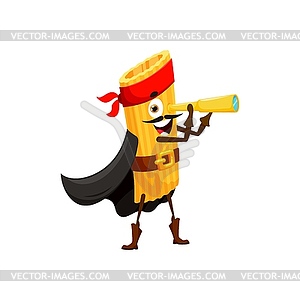 Cartoon funny penne pasta pirate with spyglass - vector clipart