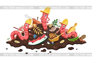 Cartoon earth worm builder characters in compost - vector image