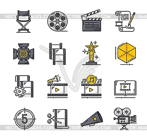 Movie, video production and cinema vintage icons - vector clipart