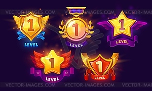 Game level up badges, award icons, reward points - vector image