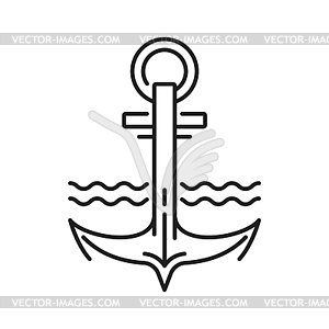 Marine anchor and wave thin line icon or sign - vector image