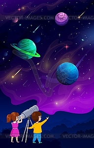 Boy and girl kids looking in telescope, night sky - vector clipart