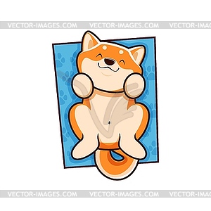 Cartoon kawaii pet shiba inu dog lounges on mat - vector clip art