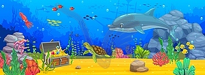 Баннер с подводным океанским пейзажем, мультяшный дельфин - изображение в векторе