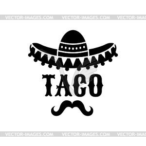 Mexican sombrero and taco, Tex Mex cuisine icon - vector image