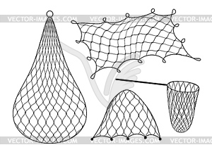Жаберная сетка или ловушка для жабр и рыбы, донная сеть, рыболовство - рисунок в векторном формате