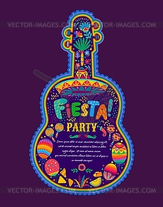 Флаер для вечеринки в честь мексиканской фиесты с гитарой, цветами - изображение в векторе / векторный клипарт