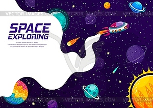 Space explore, cartoon spaceship flying in galaxy - vector image