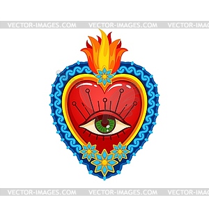 Mexican sacred heart with eye, fire and flowers - vector image