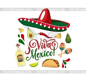 Баннер Viva mexico с сомбреро и едой Tex Mex - векторное изображение EPS