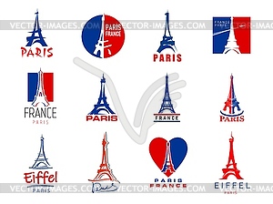 Значки Эйфелевой башни в Париже, туристические символы Франции - клипарт в формате EPS