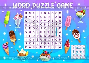 Word search puzzle game, cartoon ice cream sticks - vector clipart