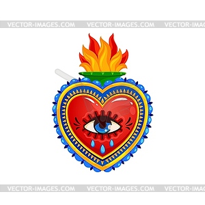 Mexican sacred heart, burning flame and crying eye - royalty-free vector image