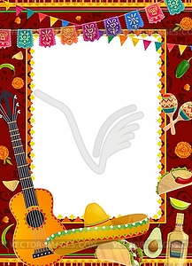Mexican holiday frame, sombrero, guitar, maracas - vector image