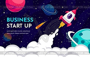 Business start up banner, rocket launch to space - vector clipart