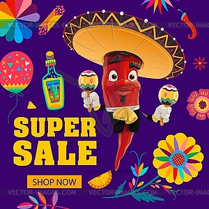 Mexican holiday super sale banner, chili mariachi - vector EPS clipart