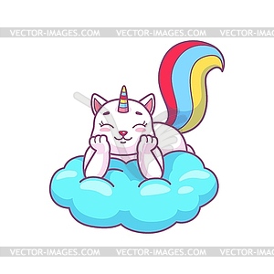 Cute kawaii caticorn dreams on cloud, happy kitten - vector image