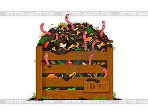 Funny earth worms in wooden compost box with soil - vector image