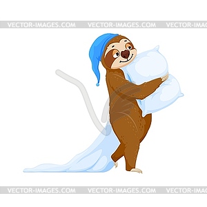 Cartoon funny sloth character with pillow, blanket - vector image