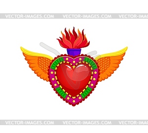 Mexican sacred heart with burning flames and wings - vector image