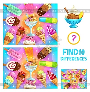 Find ten differences in cartoon ice cream gelato - vector image