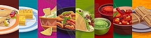 Мексиканская кухня, коллаж блюд техасско-мексиканской кухни - клипарт в векторе