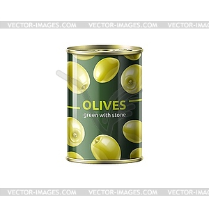 Realistic green olives can, package mockup - vector image