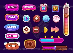 Game interface candy, cookie buttons and window - vector image