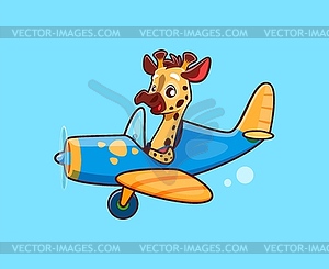 Cartoon cute giraffe animal character on plane - vector clip art