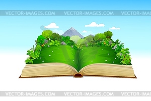 Open nature book with summer meadow or grass lawn - vector image