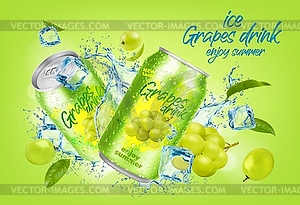 Ice grape drink cans, green berries, juice splash - vector clipart / vector image