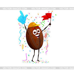 Cartoon happy coffee bean fan character cheering - vector image