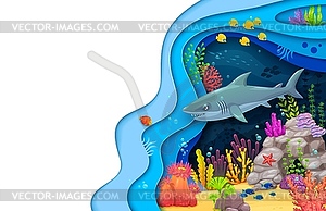 Cartoon paper cut underwater landscape and shark - vector clip art