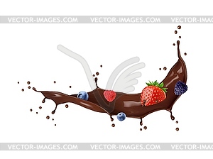 Chocolate milk drink wave splash with ripe berries - vector clipart