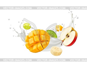 Реалистичный всплеск йогуртового напитка с тропическими фруктами - цветной векторный клипарт