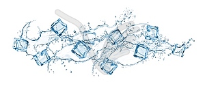 Жидкий голубой длинный поток воды, всплеск и кубики льда - векторизованный клипарт