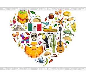 Mexico heart with national cuisine, animals, flag - vector clipart
