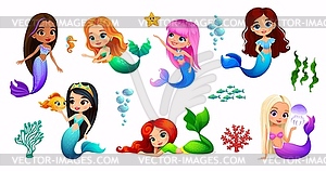 Cartoon mermaid characters, little sea princess - vector clipart / vector image