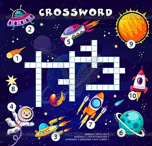 Crossword quiz game with space planets, characters - vector image