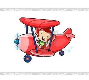 Мультяшный милый персонаж-обезьянка в самолете - векторный клипарт EPS